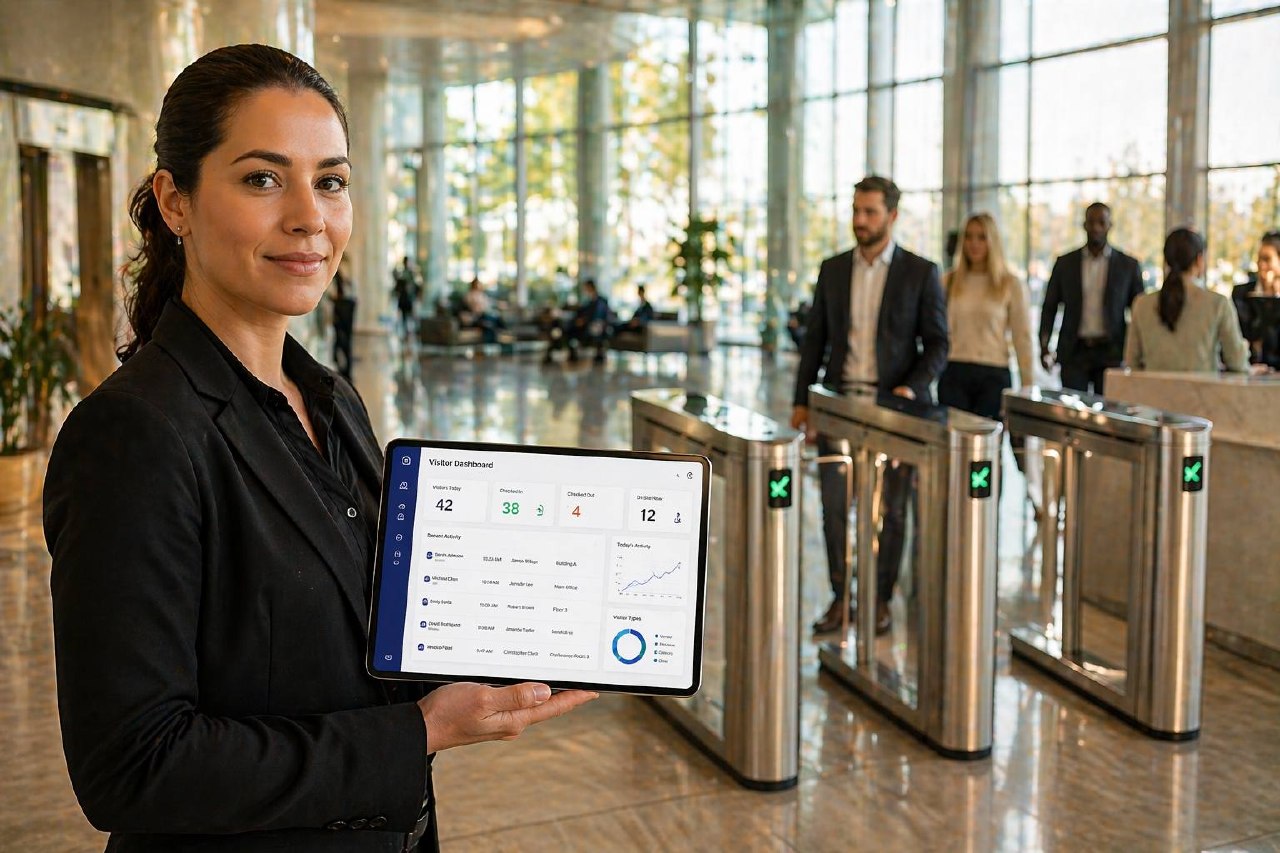 Visitor checking in at a KyberAccess kiosk