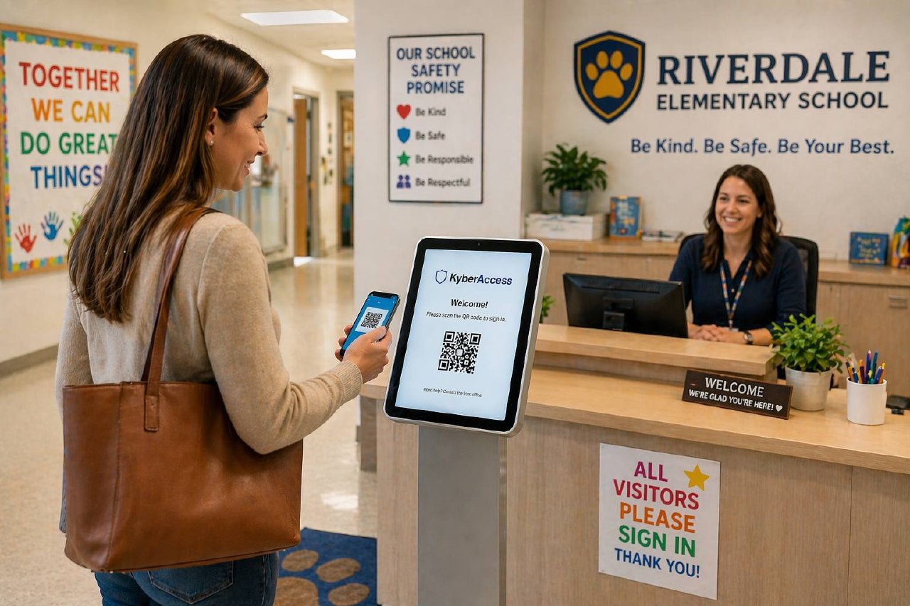 Parent signing in at a KyberAccess kiosk in an elementary school lobby